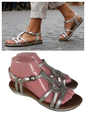 Born Sandals Womens Sz 7 Silver Metallic Leather Strappy Medallion